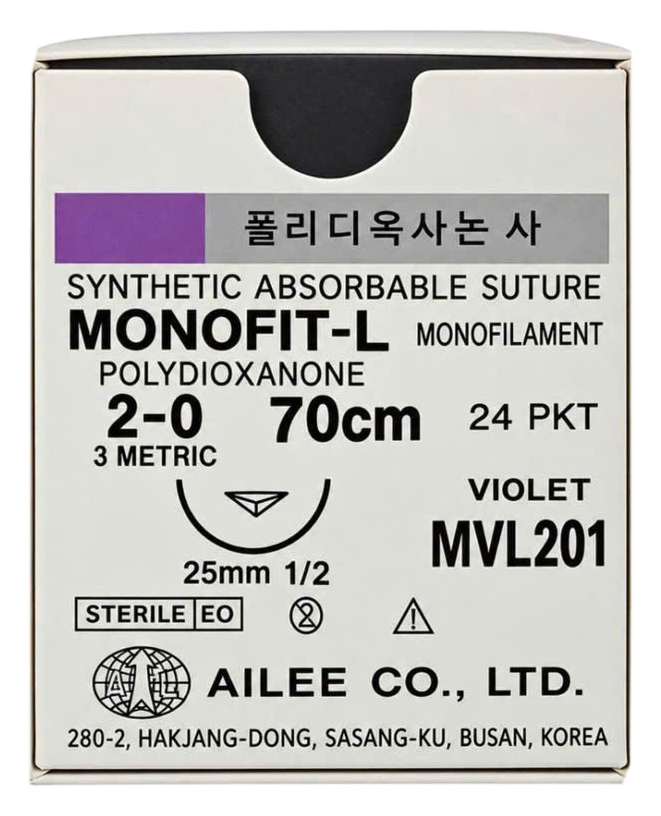 Chỉ phẫu thuật tự tiêu AILEE Monofit-L 2/0 – MVL201 - hộp sản phẩm thực tế đã tách nền