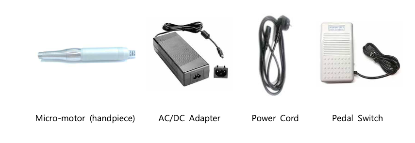 Micromotor and handpiece, power adapter, power cord and foot pedal