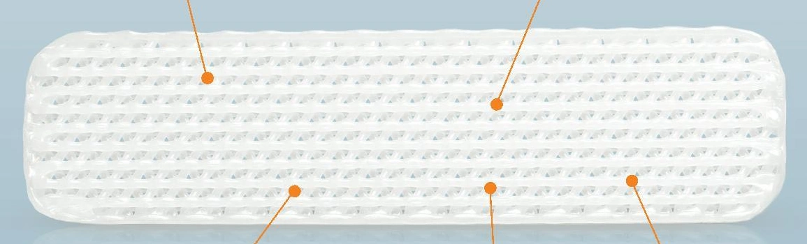 Cấu trúc lưới xốp của Osteomesh với các điểm chú giải trong tài liệu gốc