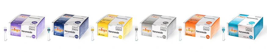 Hộp JBP Nanoneedle nhiều cỡ kim, nhận diện bằng màu và số G trên bao bì